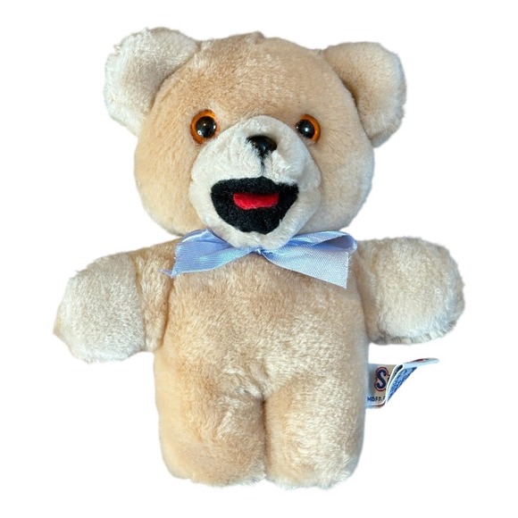 Vintage Russ Berrie Snuggle Teddy Bear Plush Tan Blue Bow Stuffed Animal Toy 7" - Picture 1 of 4